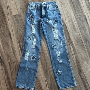 Trendy Distressed Star Patch Straight Leg Jeans
